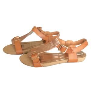 Nine West Girls Sandals Rose Gold Camel Tan Leather Buckle Flat Girls Size 4
